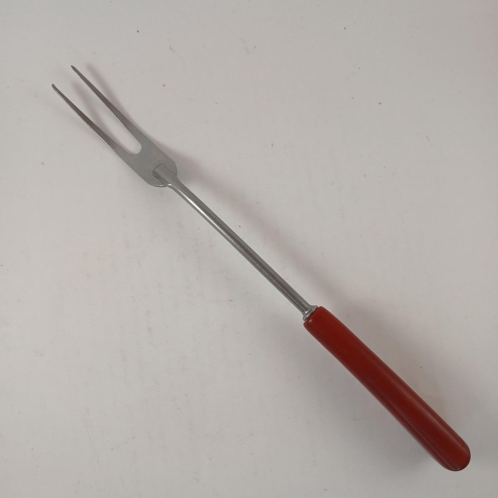 Vtg Ekco Red Handled 2 Prong Stainless Steel Meat Fork Carving Kitchen Utensil